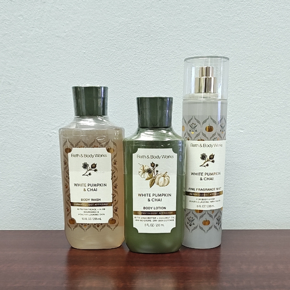 Bath & Body Works WHITE PUMPKIN & CHAI 3 Piece Body Care Bundle Set